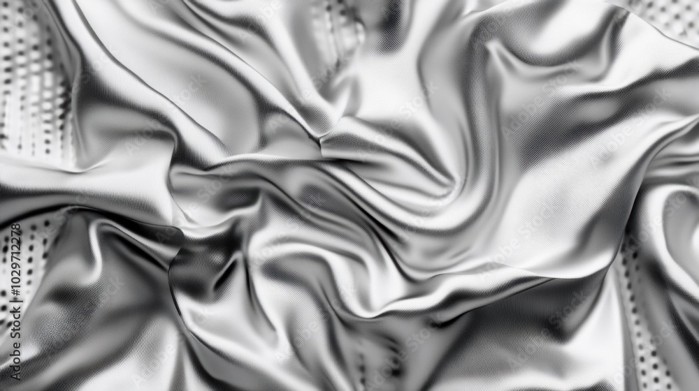 Detailed close-up of soft, shiny silver silk fabric with elegant folds, showing the smooth texture and reflective surface. Detailed close-up of soft, shiny silver silk fabric with elegant folds, showing the smooth texture and reflective surface.
