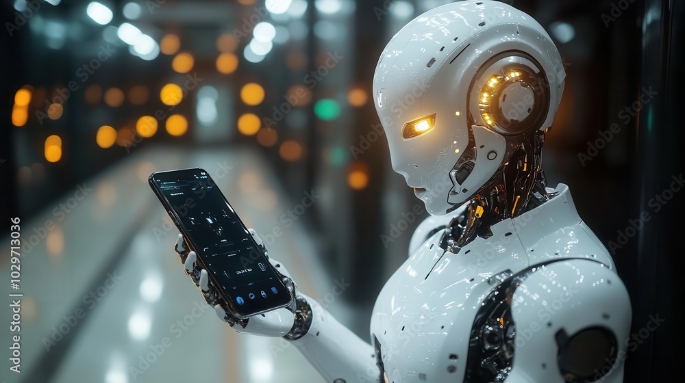futuristic robot hand gently grasping a sleek smartphone showcasing the intersection of technology and human interaction against a minimalist hightech background futuristic robot hand gently grasping a sleek smartphone showcasing the intersection of technology and human interaction against a minimalist hightech background