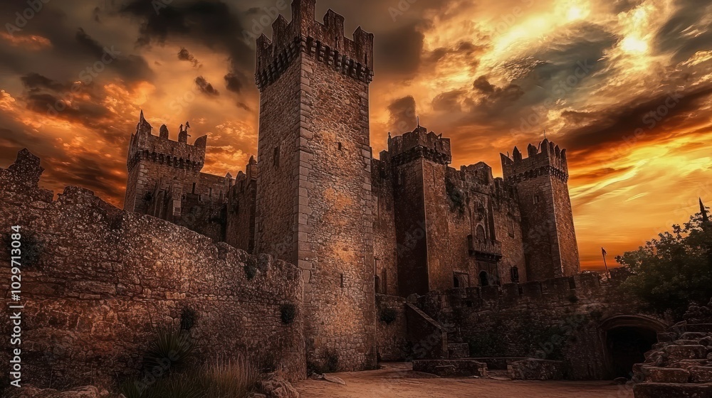 An imposing medieval castle stands tall against a dramatic sunset sky. The ancient stone structure is a testament to the history and strength of bygone eras. An imposing medieval castle stands tall against a dramatic sunset sky. The ancient stone structure is a testament to the history and strength of bygone eras.