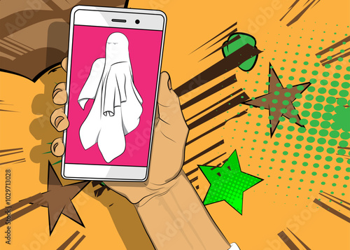 Cartoon Smartphone, comic book Telephone with Ghost. Retro vector comics pop art design.