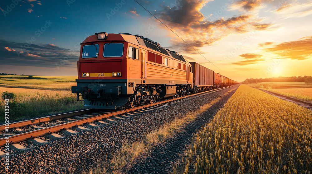A front view of a longhaul freight train transporting goods between cities, crossing open farmland A front view of a longhaul freight train transporting goods between cities, crossing open farmland