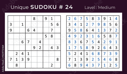 Vector design of sudoku puzzle game with answer. Mid level sudoku mathematical logic game for Kids and adult . 9 x 9 grid sudoku educational game with number vector illustration.