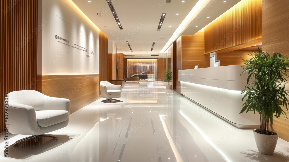 Healthcare facility interior with sleek furniture, clean layouts, and bright lighting for efficient workflows Healthcare facility interior with sleek furniture, clean layouts, and bright lighting for efficient workflows
