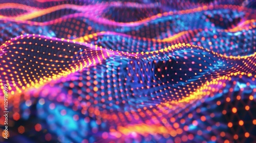 Wallpaper Mural A 3D abstract representation of glowing orange and purple dots forming a dynamic, flowing wave pattern in a futuristic digital landscape. Torontodigital.ca