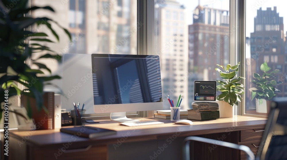 Modern Office Desk with City View Modern Office Desk with City View