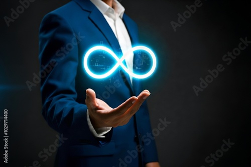 Person in a suit holding an illuminated digital infinity symbol with circuit patterns.