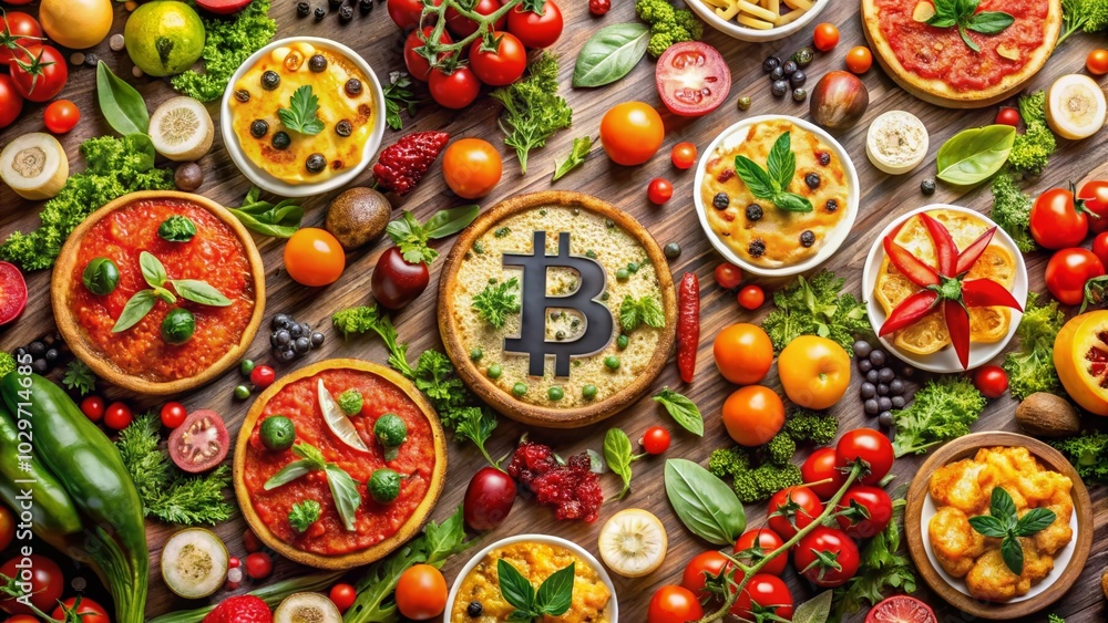 Bitcoin Themed Food Photography with Numbers and Symbols for Unique Culinary Art Bitcoin Themed Food Photography with Numbers and Symbols for Unique Culinary Art