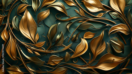 A swirling 3D botanical composition with intertwining tendrils and floating leaves, rendered in gold and deep green, evoking a sense of luxurious growth. photo