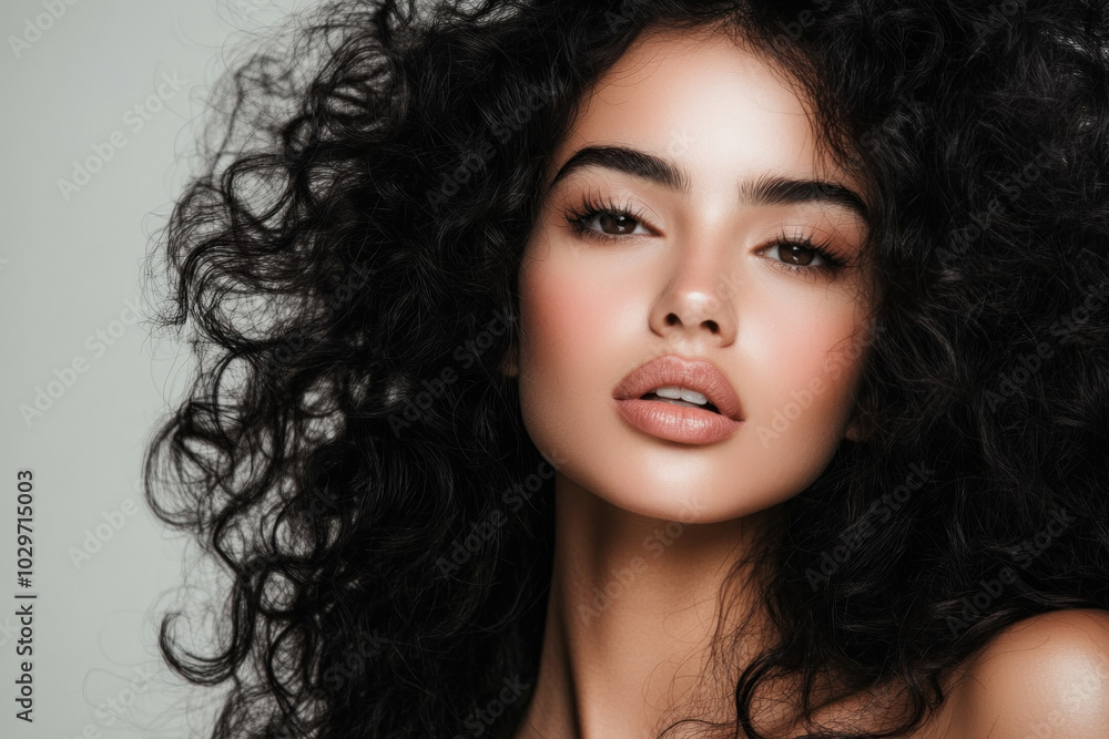 Woman with long curly hair poses gracefully against stark white background.