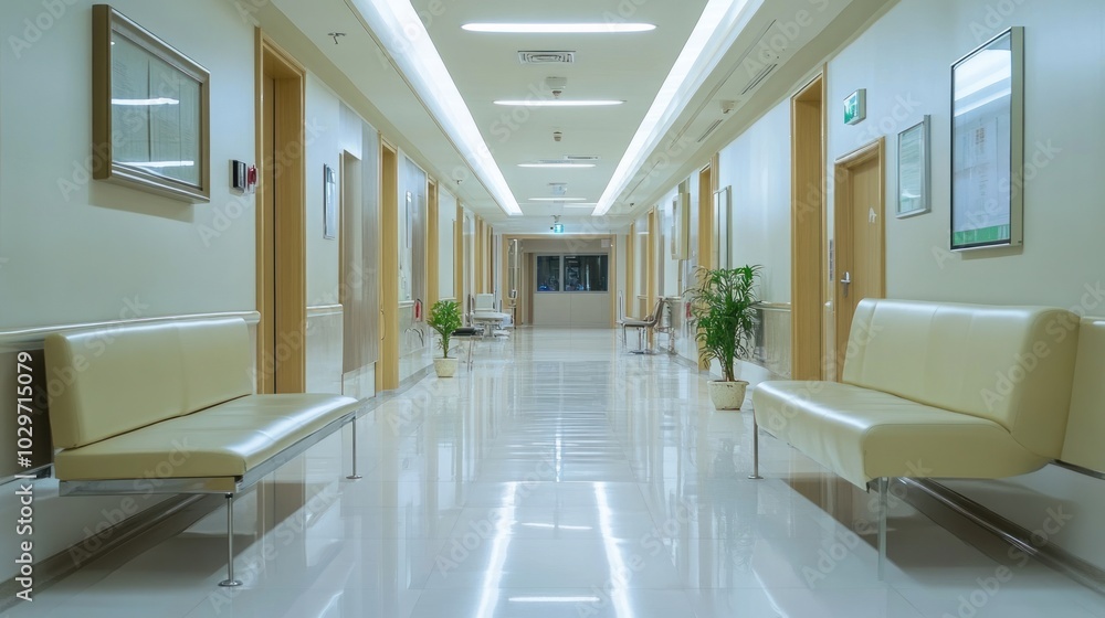 Hospital corridor design featuring modern seating, clean lines, and bright lighting Hospital corridor design featuring modern seating, clean lines, and bright lighting