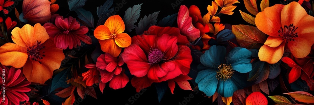 A captivating arrangement of vibrant flowers in shades of red, orange, and blue, with a dark background, symbolizing passion, energy, creativity, nature, and beauty. A captivating arrangement of vibrant flowers in shades of red, orange, and blue, with a dark background, symbolizing passion, energy, creativity, nature, and beauty.