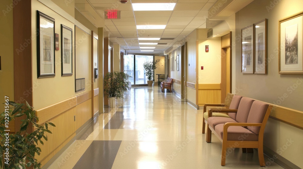 Hospital corridors design with bright lighting, clean lines, and functional seating areas Hospital corridors design with bright lighting, clean lines, and functional seating areas