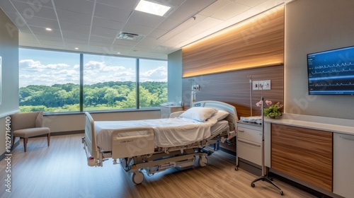 Hospital lighting design in patient rooms, featuring calming ambient lights and functional fixtures photo