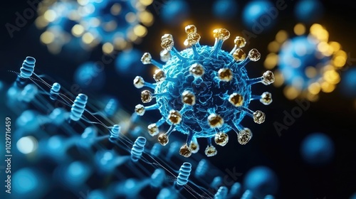 Colorful coronavirus illustration on dark background, detailed and scientific.