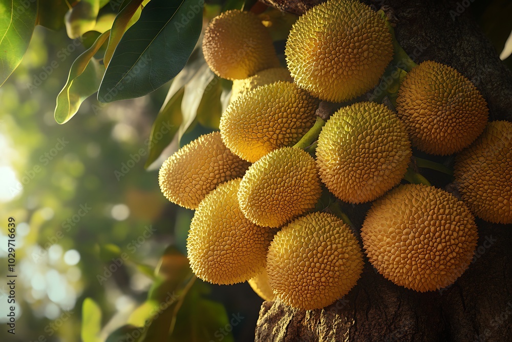 Jackfruit fruit tree with ripe and green leaves in sunlight. Jackfruit fruit tree with ripe and green leaves in sunlight.