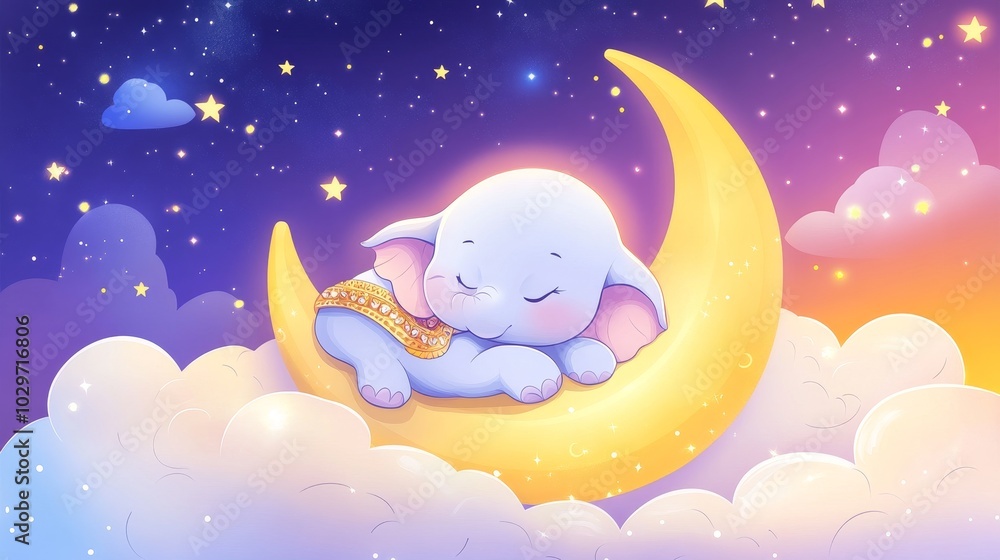 A cute baby elephant sleeps soundly on a crescent moon, surrounded by twinkling stars and fluffy clouds, symbolizing peaceful slumber, dreams, and the magic of nighttime. A cute baby elephant sleeps soundly on a crescent moon, surrounded by twinkling stars and fluffy clouds, symbolizing peaceful slumber, dreams, and the magic of nighttime.