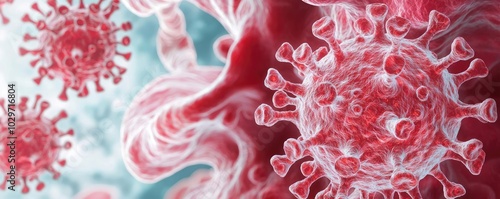 Microscopic view of a virus with intricate details and colorful background.