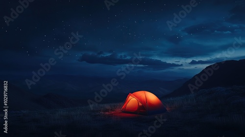 Outdoor photo of night camping tent mountains.