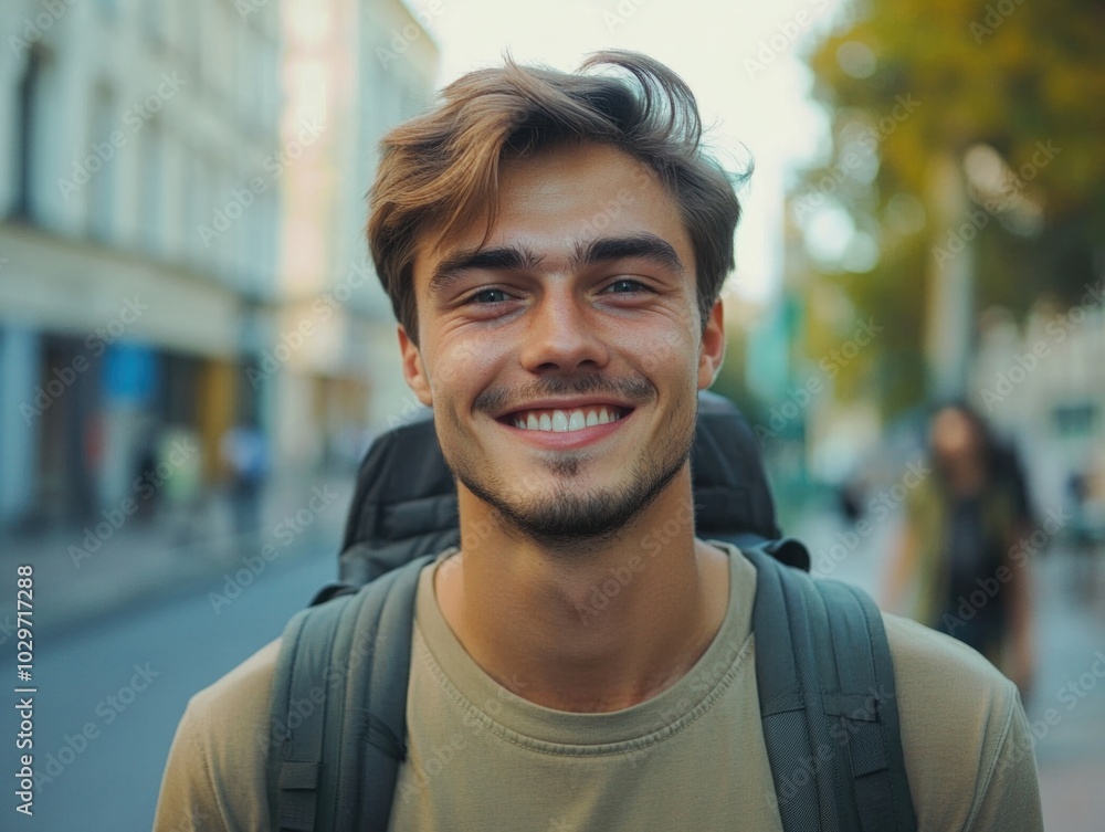 Outdoor Adventure Backpacker Smiling at the Camera Outdoor Adventure Backpacker Smiling at the Camera
