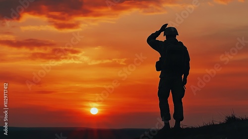 Soldier salute. Silhouette on sunset sky. War, army, military, guard concept