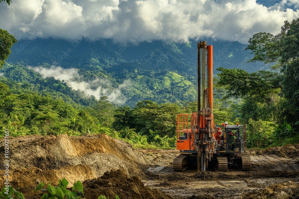 A drilling machine is hard at work in a remote mountain landscape, drilling a new well to provide access to vital resources. The machine stands tall against a backdrop of lush green foliage, while tow A drilling machine is hard at work in a remote mountain landscape, drilling a new well to provide access to vital resources. The machine stands tall against a backdrop of lush green foliage, while tow