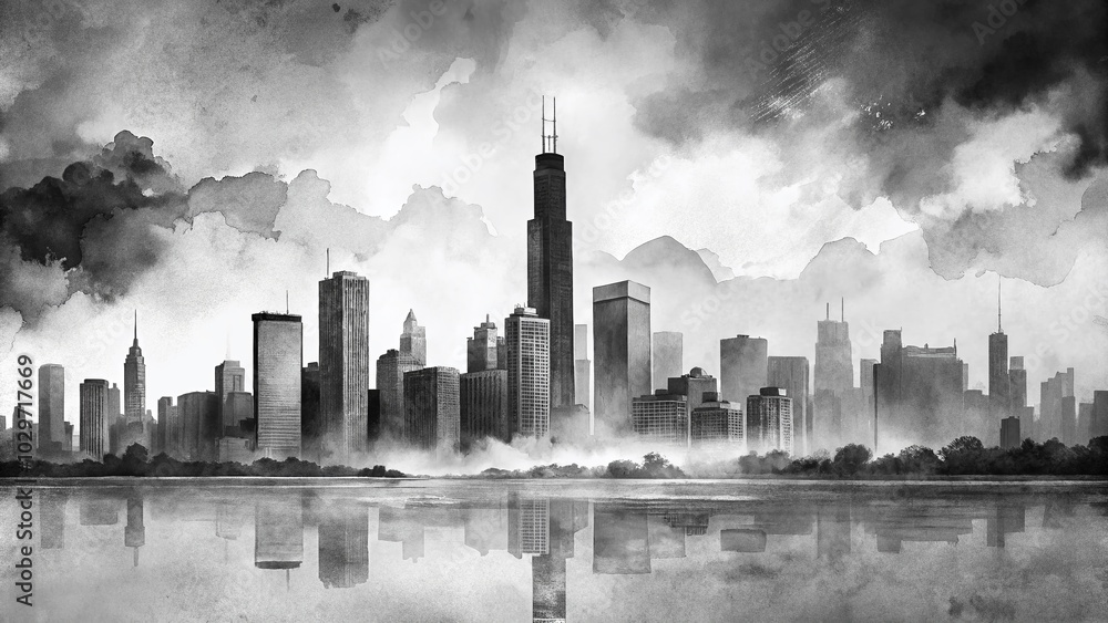 Obraz premium Black and White Silhouette of Chicago Skyline with Watercolor Effect for Artistic Urban Photography