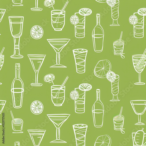 Green background hosting white cocktails with lime slices, presenting a refreshing and vibrant summer drink display. photo