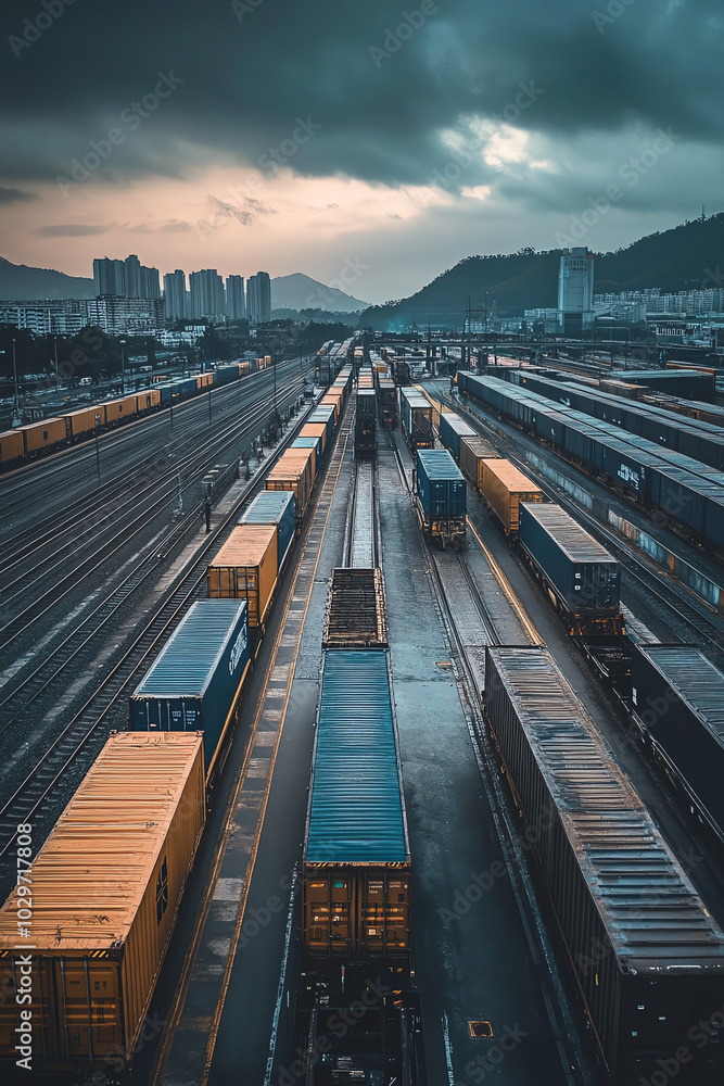 Fototapeta premium A side view of a logistics hub where trains and trucks are parked side by side, loading and unloading goods