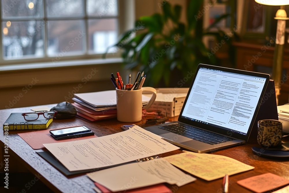 A lively yet relaxed office setting with a laptop, paperwork, and a cup of coffee. The window provides natural light, creating a bright and inviting atmosphere. The clutter on the desk suggests a busy A lively yet relaxed office setting with a laptop, paperwork, and a cup of coffee. The window provides natural light, creating a bright and inviting atmosphere. The clutter on the desk suggests a busy