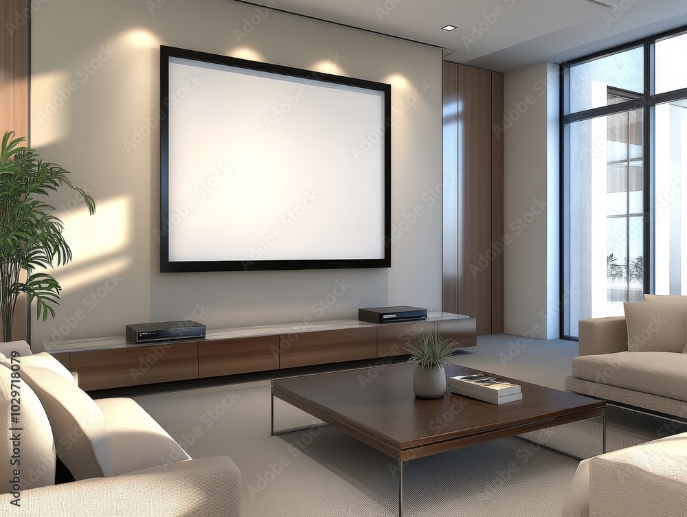 2408 73.A cozy lounge area with a large blank TV screen mounted on the wall, surrounded by sleek furniture. The minimalist décor includes soft, neutral tones and a stylish coffee table, making the 2408 73.A cozy lounge area with a large blank TV screen mounted on the wall, surrounded by sleek furniture. The minimalist décor includes soft, neutral tones and a stylish coffee table, making the