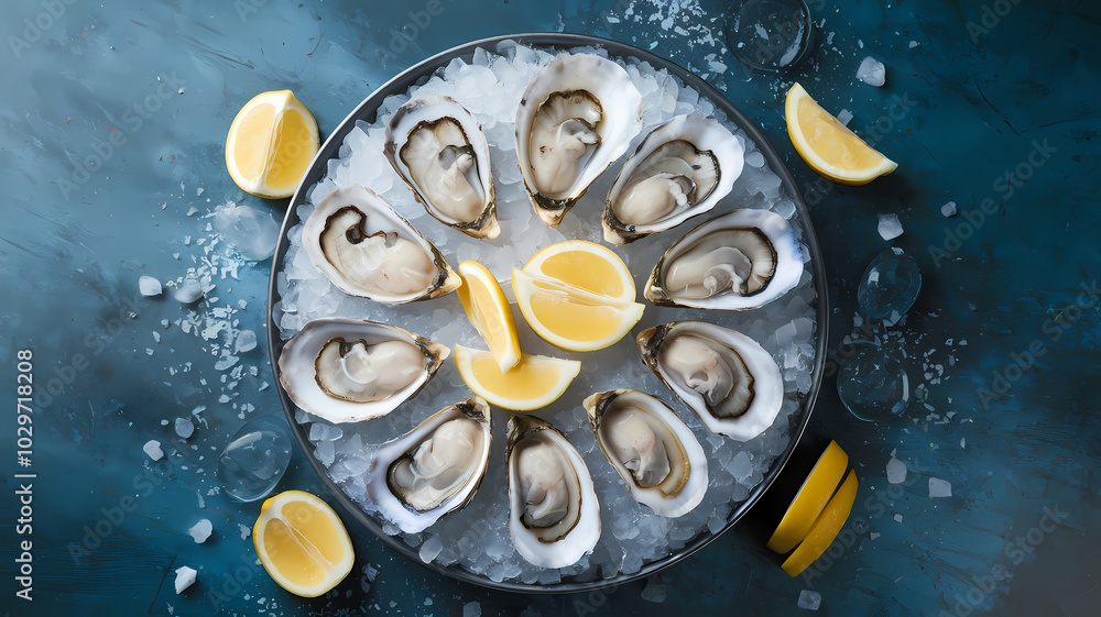a pristine oyster platter. The oysters are arranged in a circular pattern, set on crushed ice a pristine oyster platter. The oysters are arranged in a circular pattern, set on crushed ice