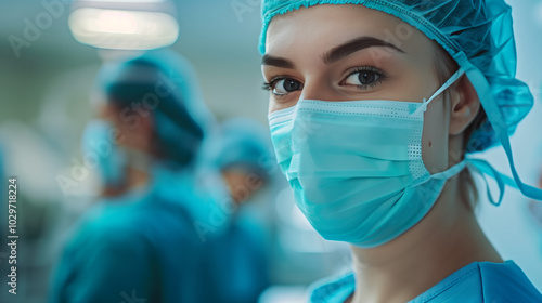 Professional Healthcare Workers in Surgical Masks and Scrubs in a Hospital Setting