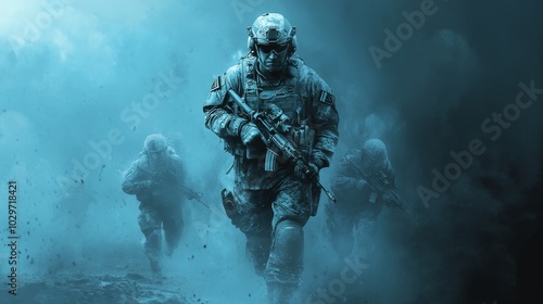 A modern warfare soldier emerges from a foggy battlefield, carrying a rifle and showcasing determination. The soldier represents courage, discipline, and the unwavering spirit of military combat.