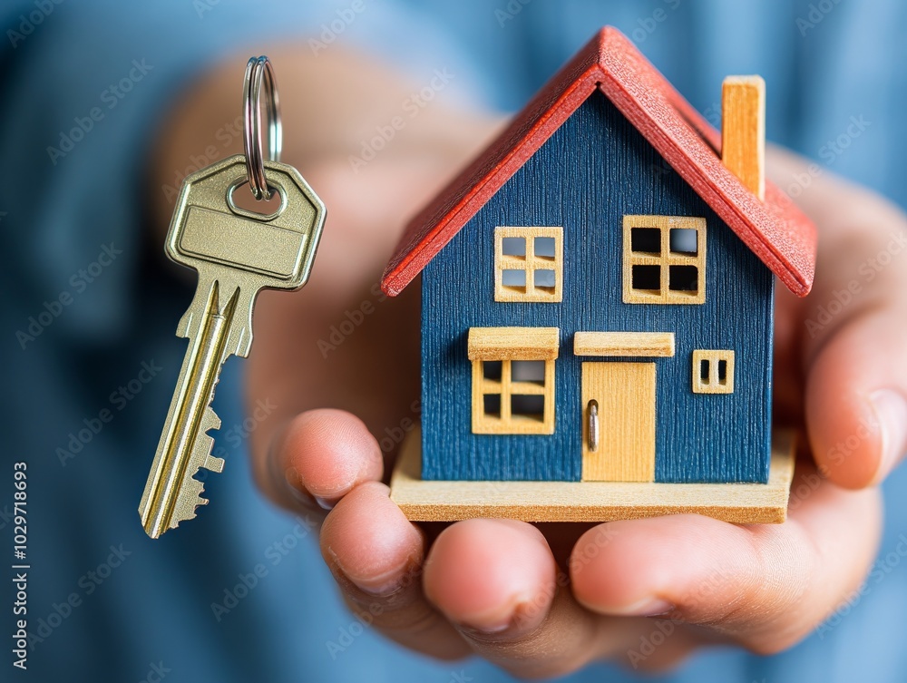 2408 20.A close-up of a hand holding a house model and a key, symbolizing the real estate agent’s offer of home insurance and affordable housing. The model features intricate details of a modern 2408 20.A close-up of a hand holding a house model and a key, symbolizing the real estate agent’s offer of home insurance and affordable housing. The model features intricate details of a modern