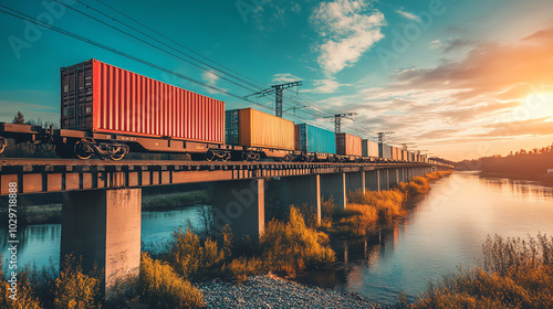 A side view of a freight train crossing an international rail bridge, connecting two countries for trade photo