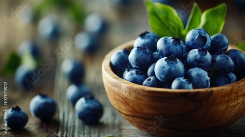 Wallpaper Mural A rustic wooden bowl overflows with plump, juicy blueberries, symbolizing freshness, health, and the bounty of summer. The blueberries are surrounded by a few scattered berries, highlighting their nat Torontodigital.ca