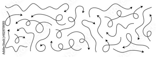 Comic dotted thin arrow set. Wavy curved dashed pointer collection. Squiggle sketchy direction lines. Dots squiggle loop stripe design elements bundle for flyer, poster, brochure, banner. Vector