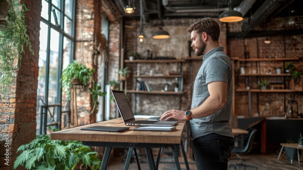 Freelancer standing at a high desk in trendy co-working space, industrial decor, laptop and notebook focus, modern work Freelancer standing at a high desk in trendy co-working space, industrial decor, laptop and notebook focus, modern work