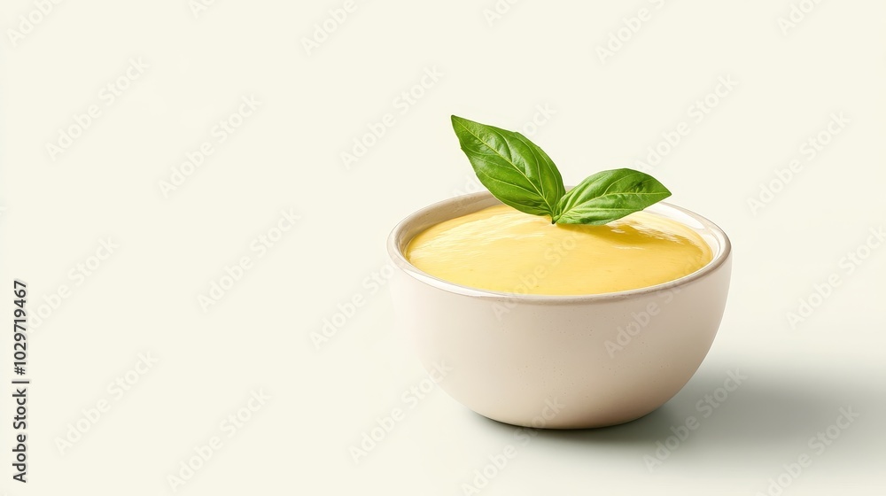 A small bowl of creamy yellow sauce topped with a fresh basil leaf, perfect for adding flavor to any dish. A small bowl of creamy yellow sauce topped with a fresh basil leaf, perfect for adding flavor to any dish.