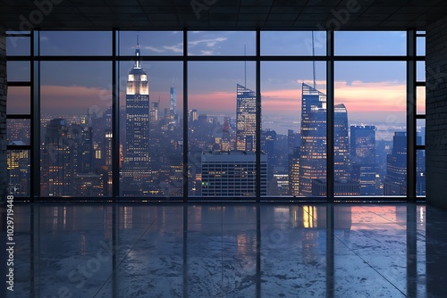 Empty office with panoramic view of city at sunset