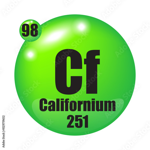 Californium icon. Cf chemical element. Atomic number 98. Mass 251. Green sphere image. Vector symbol.