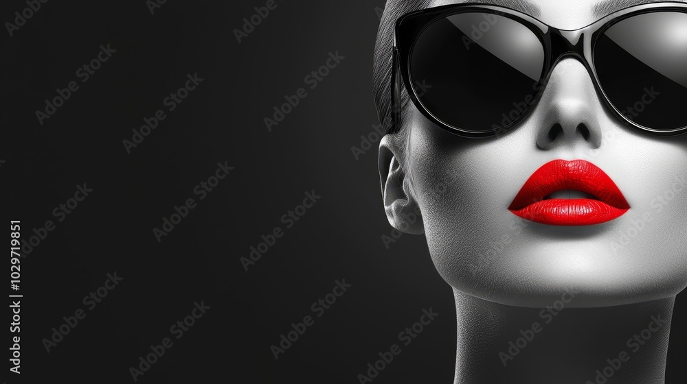 A striking black and white portrait of a woman with red lipstick and sunglasses, representing style, confidence, beauty, and mystery. A striking black and white portrait of a woman with red lipstick and sunglasses, representing style, confidence, beauty, and mystery.