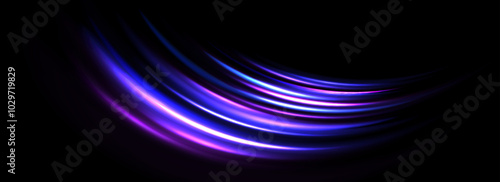 Glowing neon light trail background. Colorful blue purple speed lines. Magic luminous curved swirl concept. Abstract spiral dynamic rotating stripes. Bright streaks for poster, banner, flyer. Vector