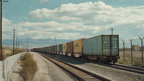 A side view of a freight train passing through customs at a border checkpoint, with officials inspecting the cargo photo