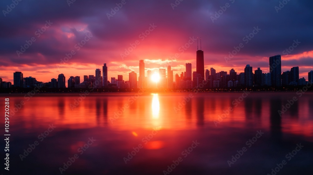 A vibrant cityscape silhouette is reflected in a calm lake at sunset. The fiery sky creates a dramatic backdrop, showcasing the beauty of the urban landscape and the tranquility of the water. The cit A vibrant cityscape silhouette is reflected in a calm lake at sunset. The fiery sky creates a dramatic backdrop, showcasing the beauty of the urban landscape and the tranquility of the water. The cit