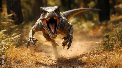 Fototapeta Naklejka Na Ścianę i Meble -  A velociraptor, a fearsome and agile dinosaur, charges toward the camera with its mouth open, showcasing its sharp teeth and powerful legs. The dinosaur is surrounded by a dense forest, creating an at