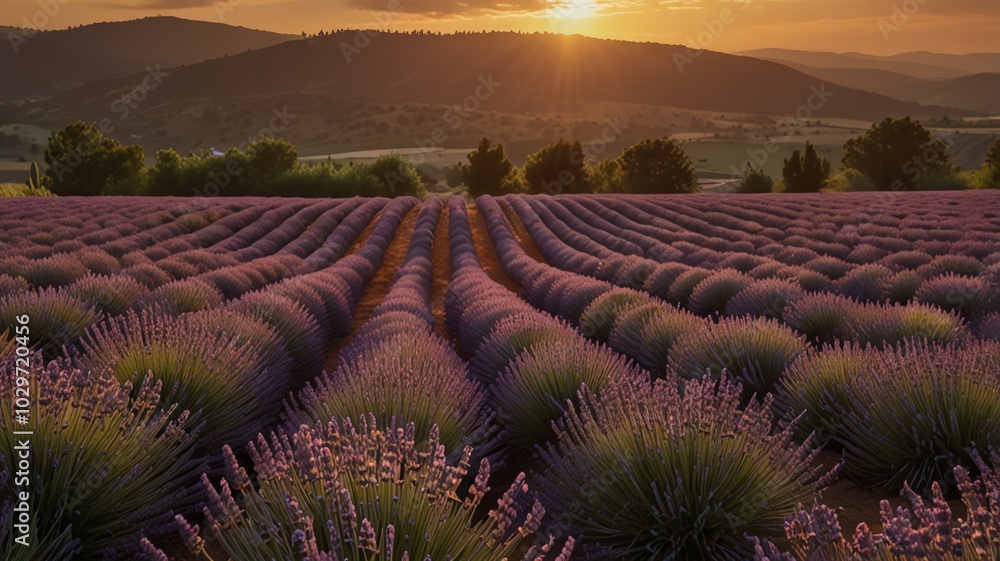 lavender field with the sunset in the background. lavender field with the sunset in the background.