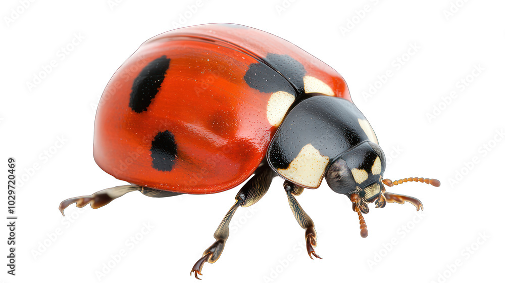 Fototapeta premium view of a ladybug with bright red wings and black spots