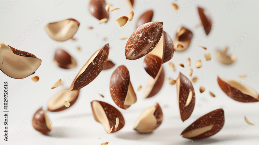 Close-up of a dancing Brazil nut. A Brazil nut split in half floats in the air above the table. The concept of healthy eating, abundance and diversity Close-up of a dancing Brazil nut. A Brazil nut split in half floats in the air above the table. The concept of healthy eating, abundance and diversity