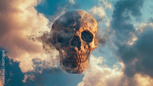 A weathered human skull floats amidst swirling clouds, representing the inevitability of death and the ephemeral nature of life. Its haunting presence evokes a sense of mystery and contemplation, prom